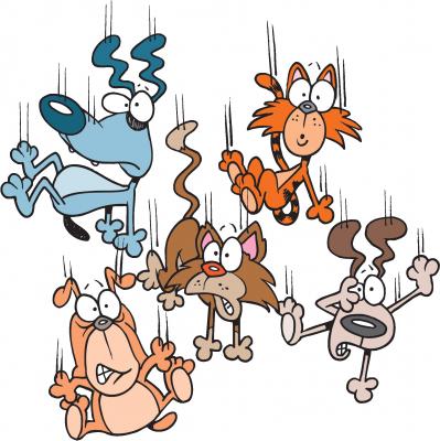 comic style drawing of raining cats and dogs