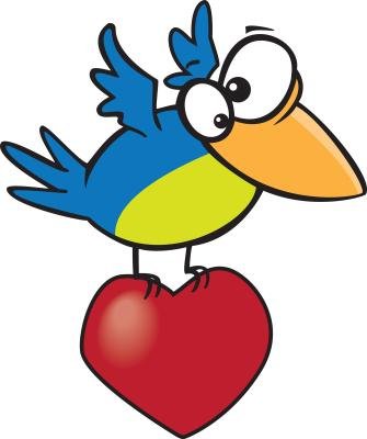 drawing of a bird carrying a valentine style red heart