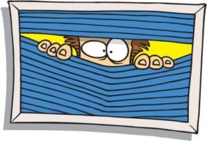 drawing of a man peeking through window blinds